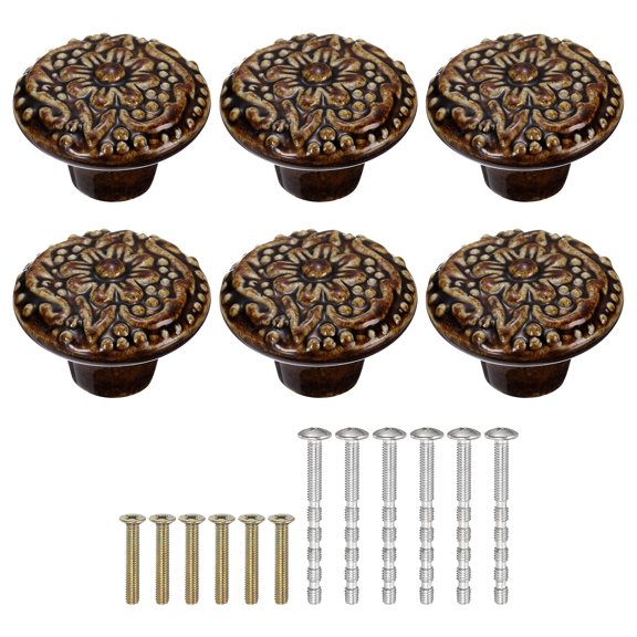 Uxcell 6 Pack Ceramic Knobs, 34mm/1.34" Flower Pattern Mushroom Knob Drawer Pull Handle Vintage Wardrobe Knobs with Screws for Vanity Bedroom Furniture Closet, Brown