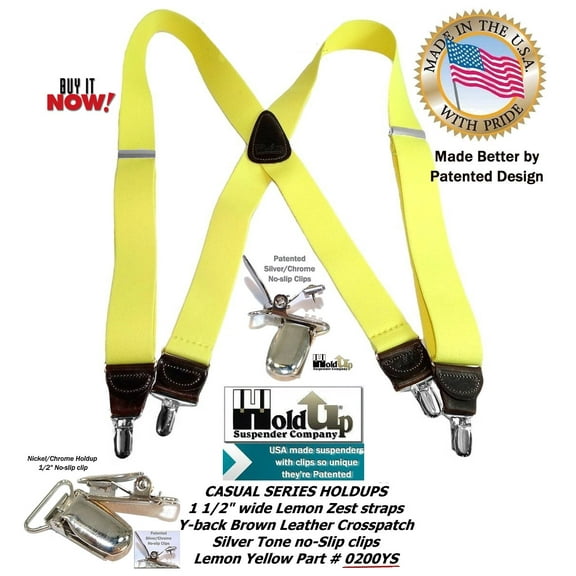 Hold-Ups Yellow 1 1/2" wide Suspenders X-Back Patented No-slip patented Silver Clips