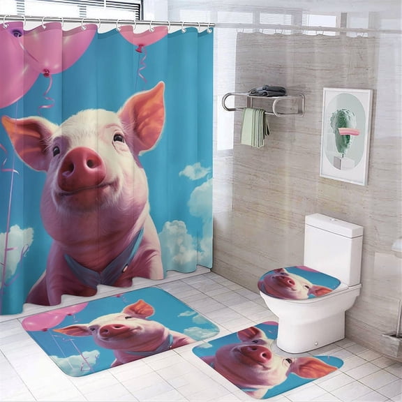 4 Piece Shower Curtain Sets with Non-Slip Rugs Toilet Lid Cover And Bath Mat Bathroom Decor Set Pink Balloon And Pig Waterproof Personality Pattern Bath Curtain Lovely Pink Pig Watercolor