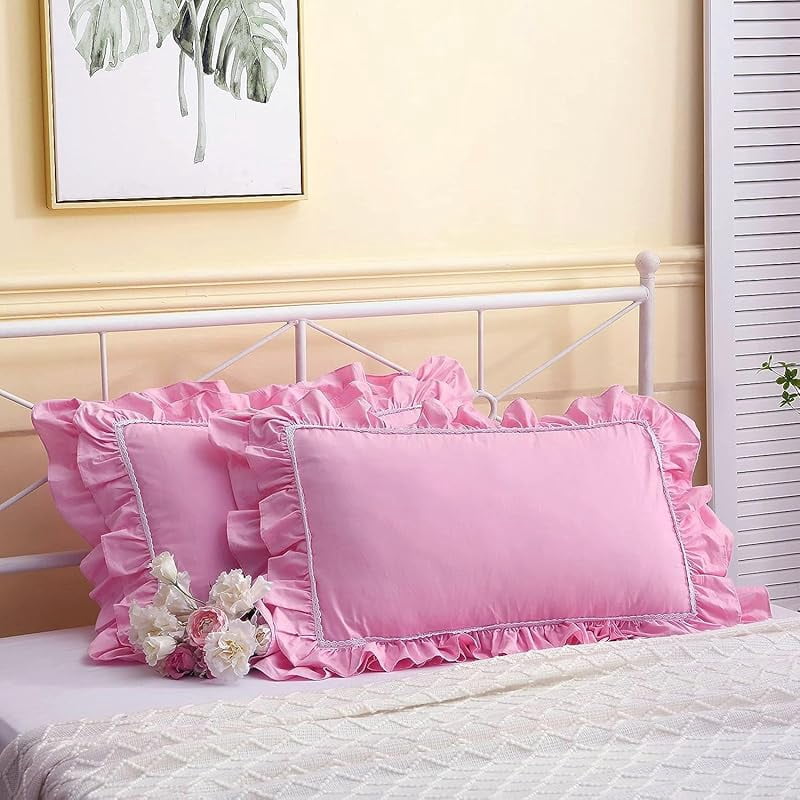 2-Pack Pink Pillow Shams Pillowcases with Lace and Ruffles Cotton Queen Size 20"X30" Shabby Chic