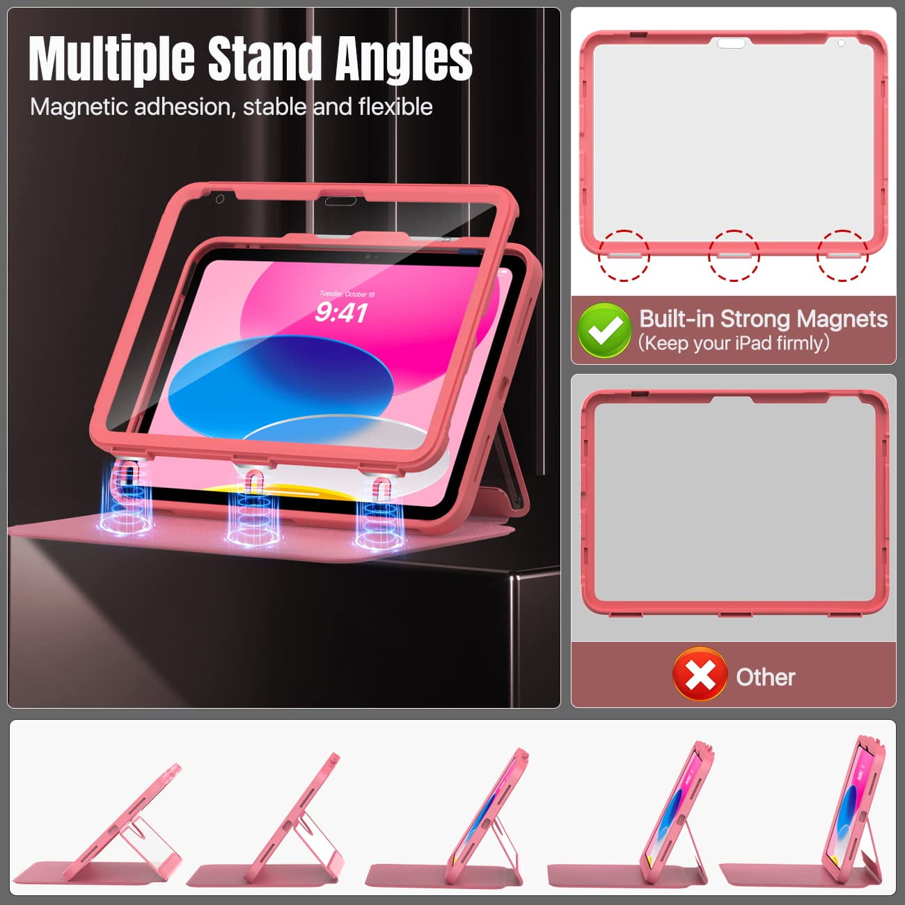 MoKo Case for iPad 11-inch (A16) 11th Generation Case 2025/ iPad 10th Generation Case with Pencil Holder 2022 10.9", Built-in Screen Protector Clear Back, Multi Angle Viewing Stand, Watermelon Red