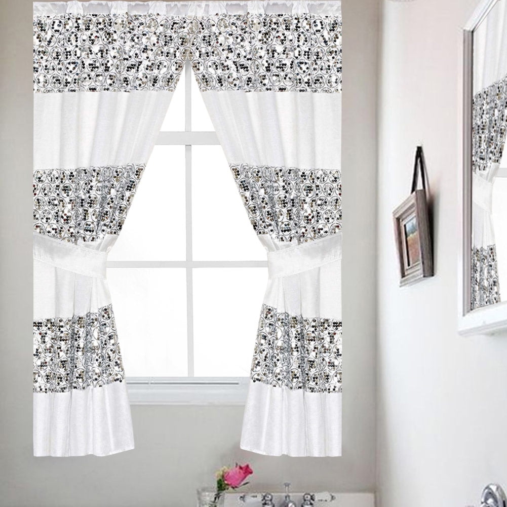 Popular Bath Sinatra Sequin Window Curtain with Tiebacks, White, 36x54