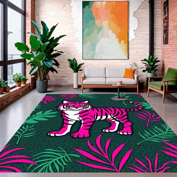 ODIKA 4' x 6' Machine Washable Non-Slip Area Rug, Jungle Tiger High Traffic Rug, Pink, 320856
