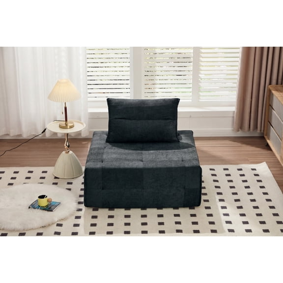 Adjustable Backrest Modular Sectional Sofa - Deep Seat Chenille Couch, 39.37 Compressed Space Saving 1-Piece Sofa for Small Living Room, Bedroom, Lounge, Black