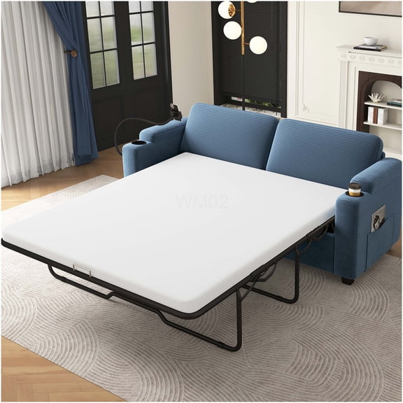 Navy Blue Corduroy Convertible Sofa Bed with USB Charging, Cup Holders, and Storage for Living Room