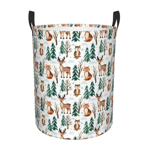 Fotbe Winter Woodland Friends Cesto de Ropa con Asas, Cesto Impermeable de Gran Capacidad, Bolsa de Lavado para Dormitorio, Cesto de Ropa con Ruedas y Asas-Small