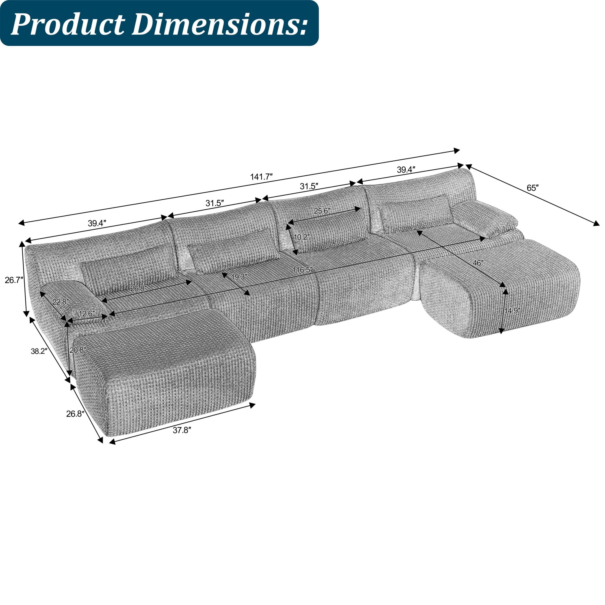 Modern U-Shaped No Assembly Floor 4-Seater Sectional Sofa, Cloud-Like Boneless Upholstered Couch with 2 Ottomans, Living Room Modular Sofa Set
