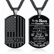 APSVO Black Dog Tag Necklaces for Men Boys to My Son Gifts from Mom American Flag Pendant Chain Catholic Christian Religious Birthday Graduation Fathers Day Jewelry Gifts Teen Him Kids Age Ideas
