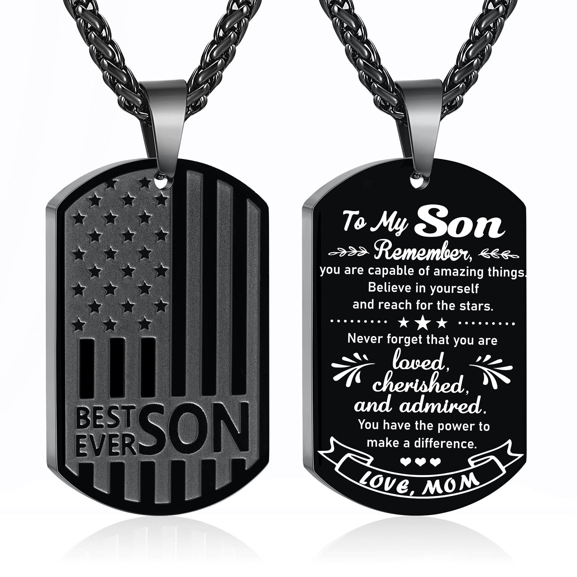 APSVO Black Dog Tag Necklaces for Men Boys to My Son Gifts from Mom American Flag Pendant Chain Catholic Christian Religious Birthday Graduation Fathers Day Jewelry Gifts Teen Him Kids Age Ideas