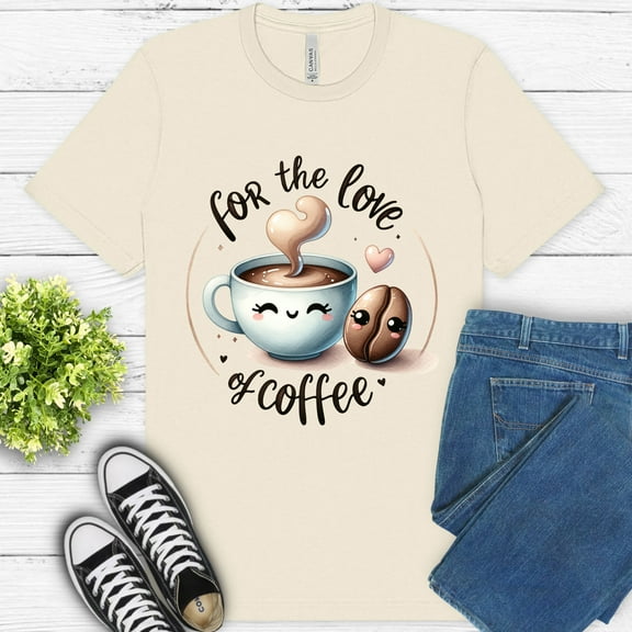 For the Love of Coffee T-Shirt | Cute Kawaii Coffee Cup Graphic Tee, Natural, S