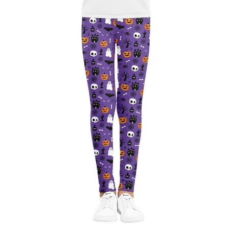 

JYYYBF Toddler Baby Girl Kid Halloween Leggings Clothes Pumpkin/Spider Web/Stripe Print Long Yoga Pants Sports Trousers for Little Girl Purple 3-4Years