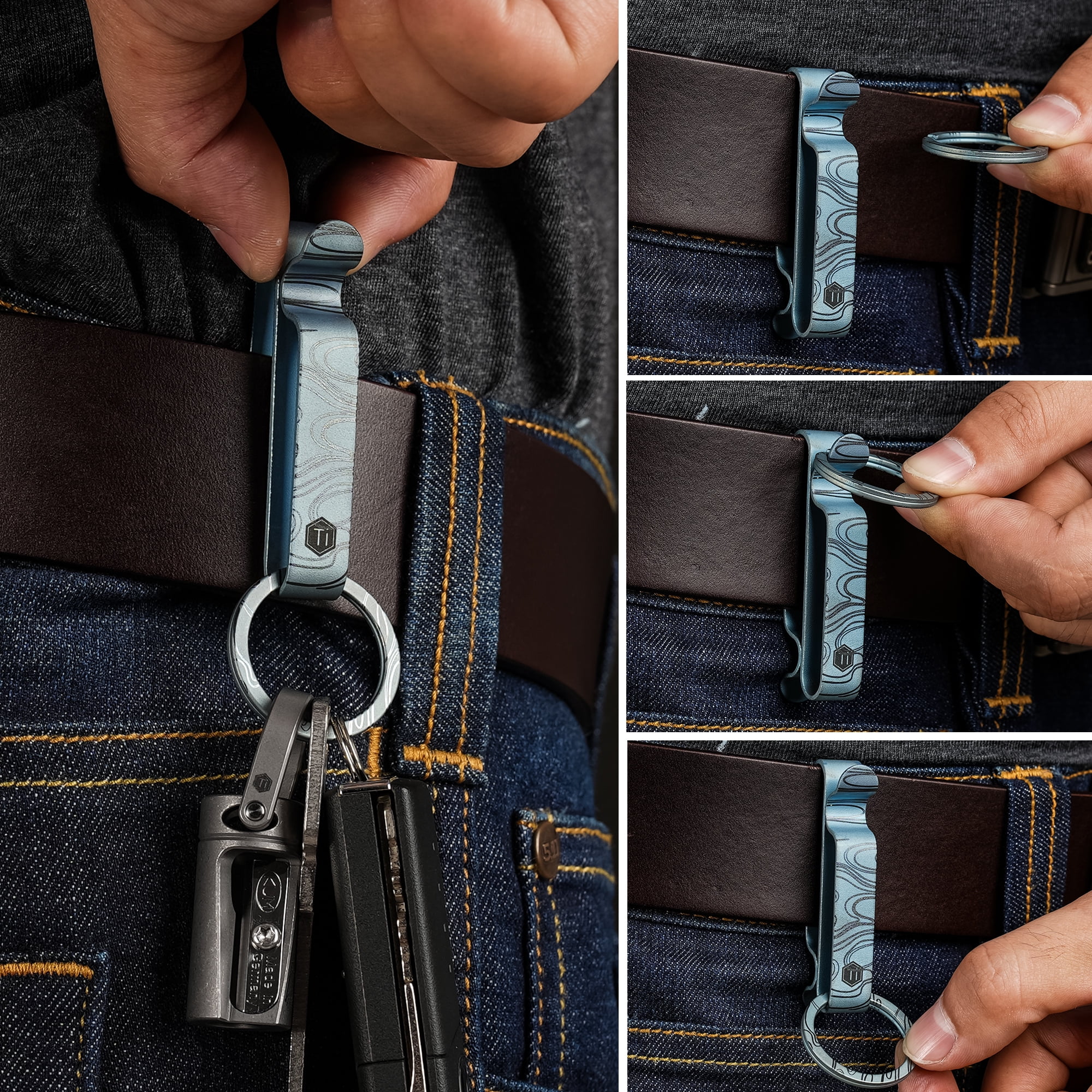 Key Unity Belt Key Clip, Titanium Double Side Quick Release Key Holder with Detachable Keyring for Belt Pants Loop Pocket, KM00, Blue
