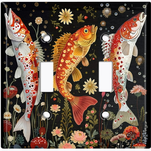 Metal Light Switch Wall Plate Outlet Cover (Traditional Japanese Koi Fish Art - Double Toggle)