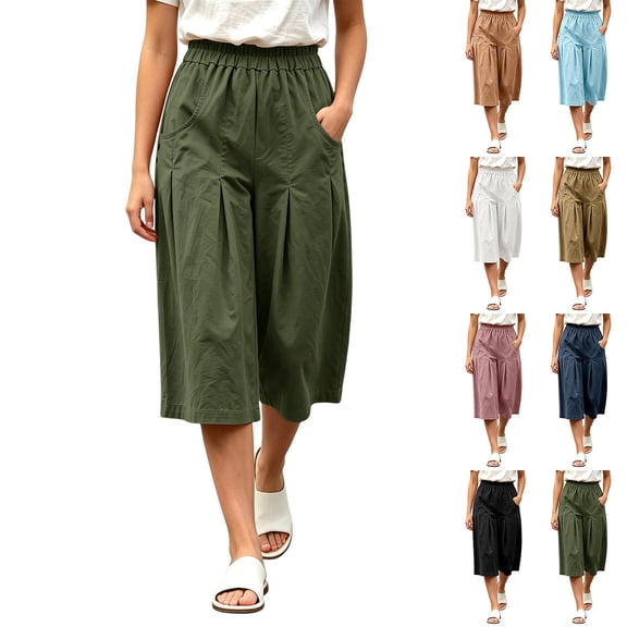VBVC Women's Cotton Pleated Wide Leg Capri Pants , Casual Summer Crop Trousers For Women , Ladies' Relaxed Fit Lounge Culottes with Pockets, Army Green , S-2XL