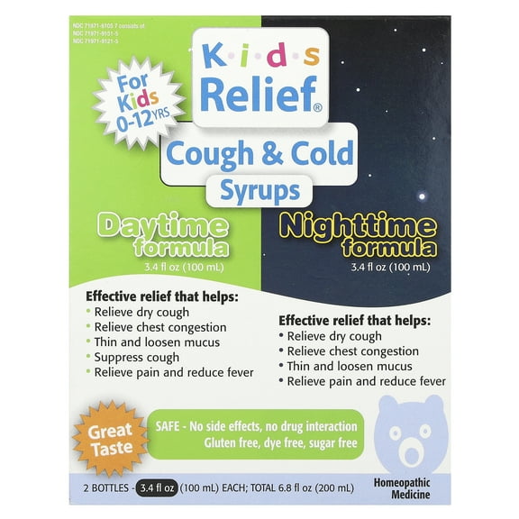 Homeolab USA Kids Relief®, Cough & Cold Syrups, Daytime & Nighttime Formula, 0-12 Yrs, 2 Bottles, 3.4 fl oz (100 ml) Each