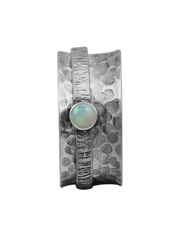 3MM Round Opal 925 Silver Textured Band women Spinner Ring