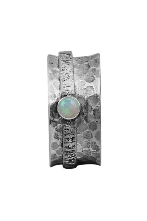 3MM Round Opal 925 Silver Textured Band Men Women Spinner Ring