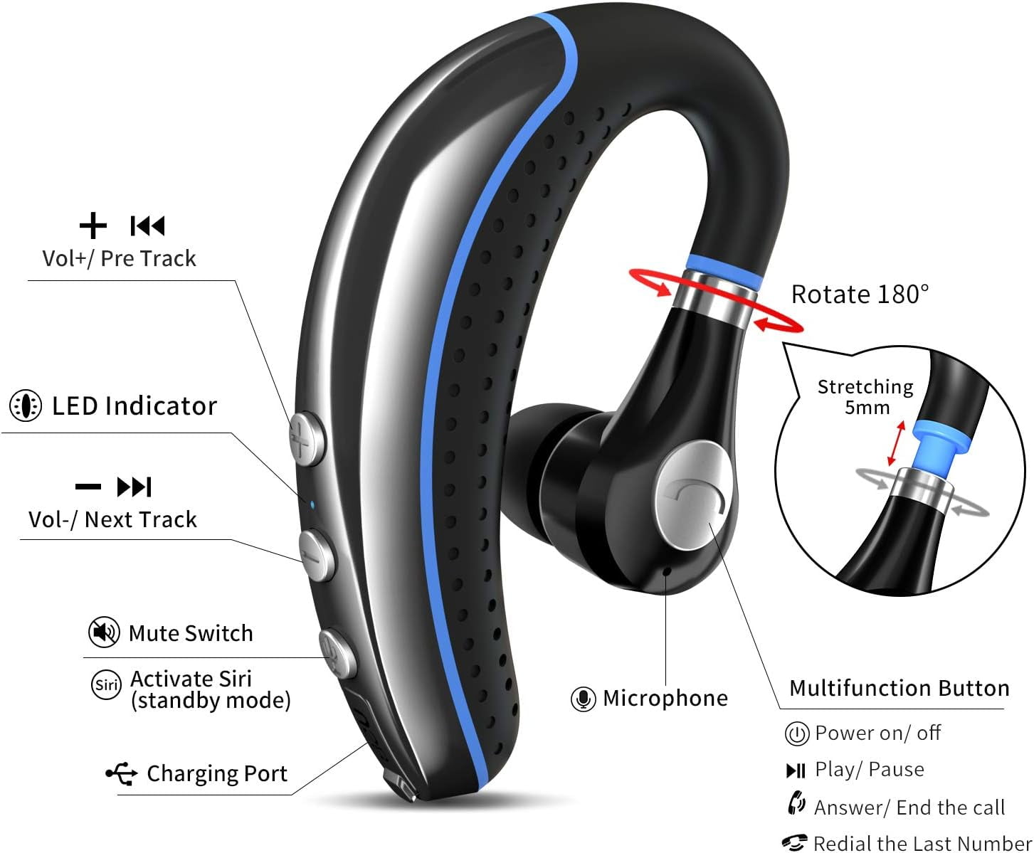 Bluetooth Headset, Wireless Earpiece V5.0 Ultralight Hands Free Business Earphone with Mic for Business/Office/Driving