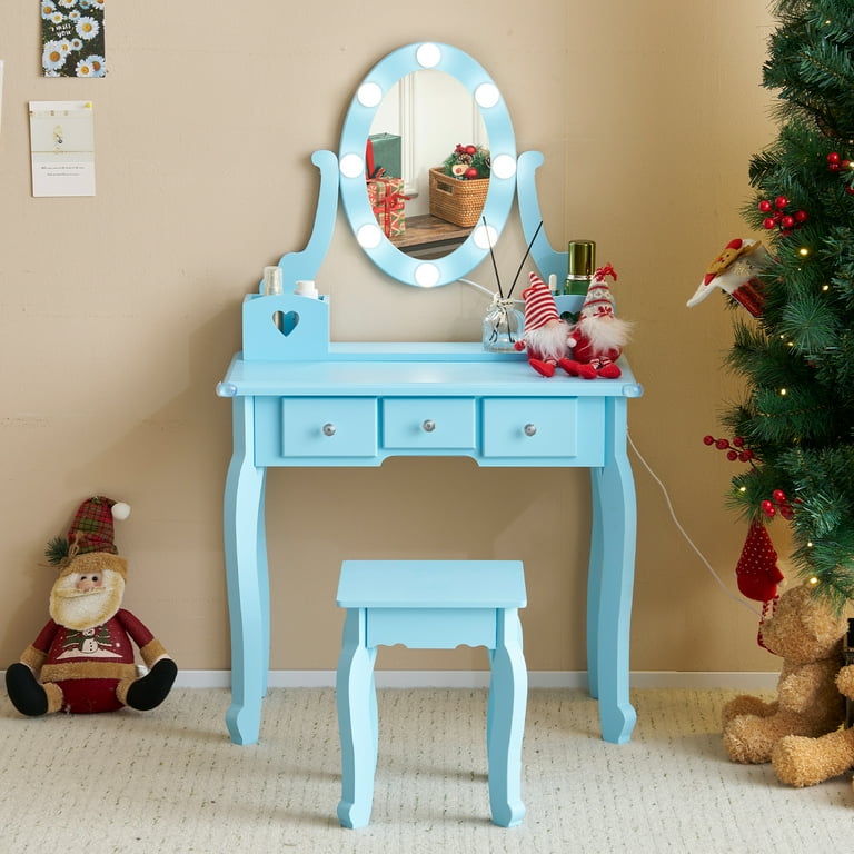 Zimtown Vanity Dresser Desk Kids Play Makeup Vanity Set with Matching Stool  3-Color Light Light Blue - Walmart.com