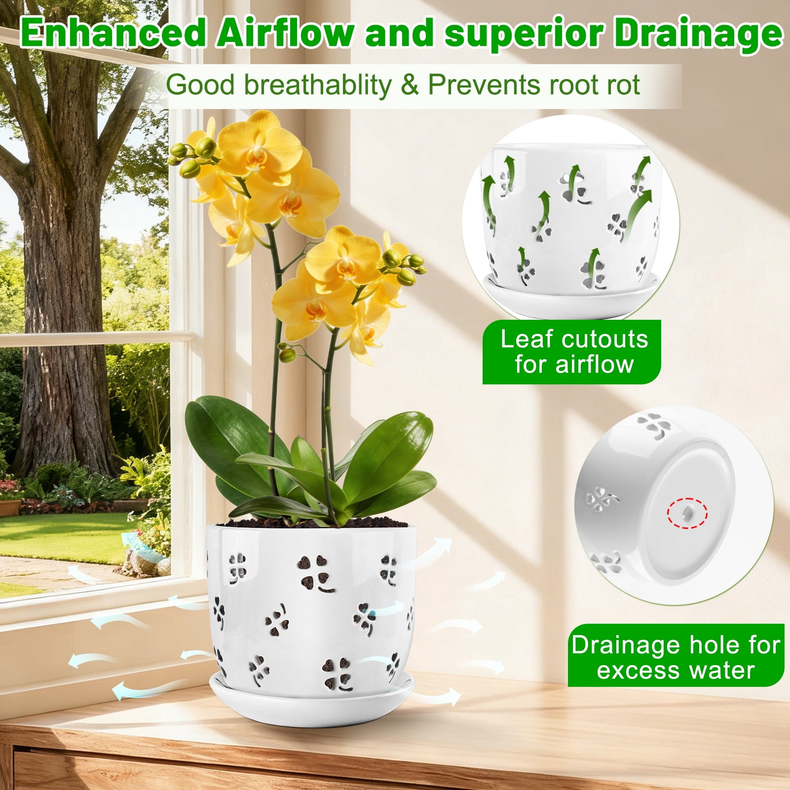 Yalumo 2 Pack Ceramic Orchid Pots with Holes, 5 & 6 Inch Large Orchid Planters with Drainage and Saucers for Repotting, Breathable Flower Pots for Indoor Outdoor Orchids and Succulents
