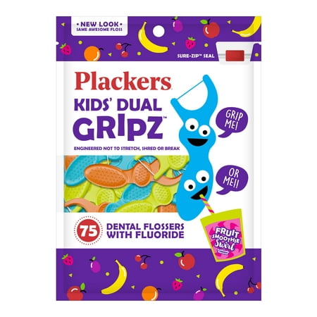 (4 Pack) Plackers Kids Dental Floss Picks, Fruit Smoothie Swirl with Fluoride, Dual Grip - 75
