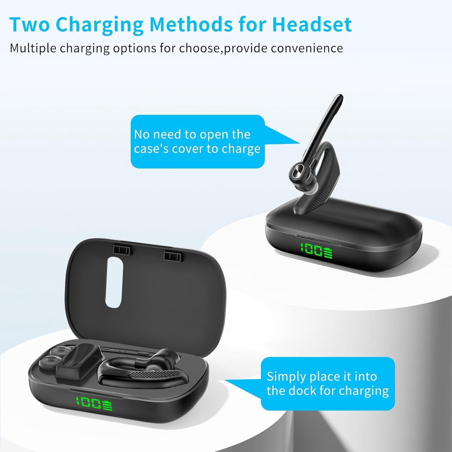 Bluetooth Single Ear Headset, 180H Playtime, 1000mAh Wireless Charging Case, LED Display, Handsfree Mic for Phone PC, Trucker & Daily Use