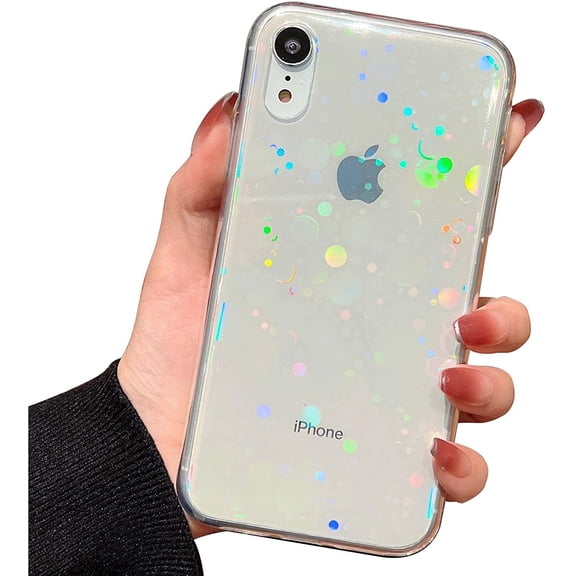 Compatible with iPhone XR Case Clear Laser Glitter Bling Heart Soft & Flexible TPU and Hard PC Shockproof Case Women Girls Heart Pattern Phone Case (Holographic Heart/Clear)