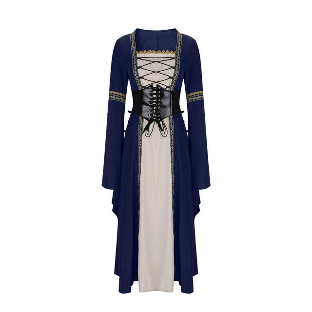 Robe Médiévale Renaissance Femme Mode Décontractée Couleur Unie Corset à Lacets Évasée Manches Longues Robes Maxi Bleu Foncé S