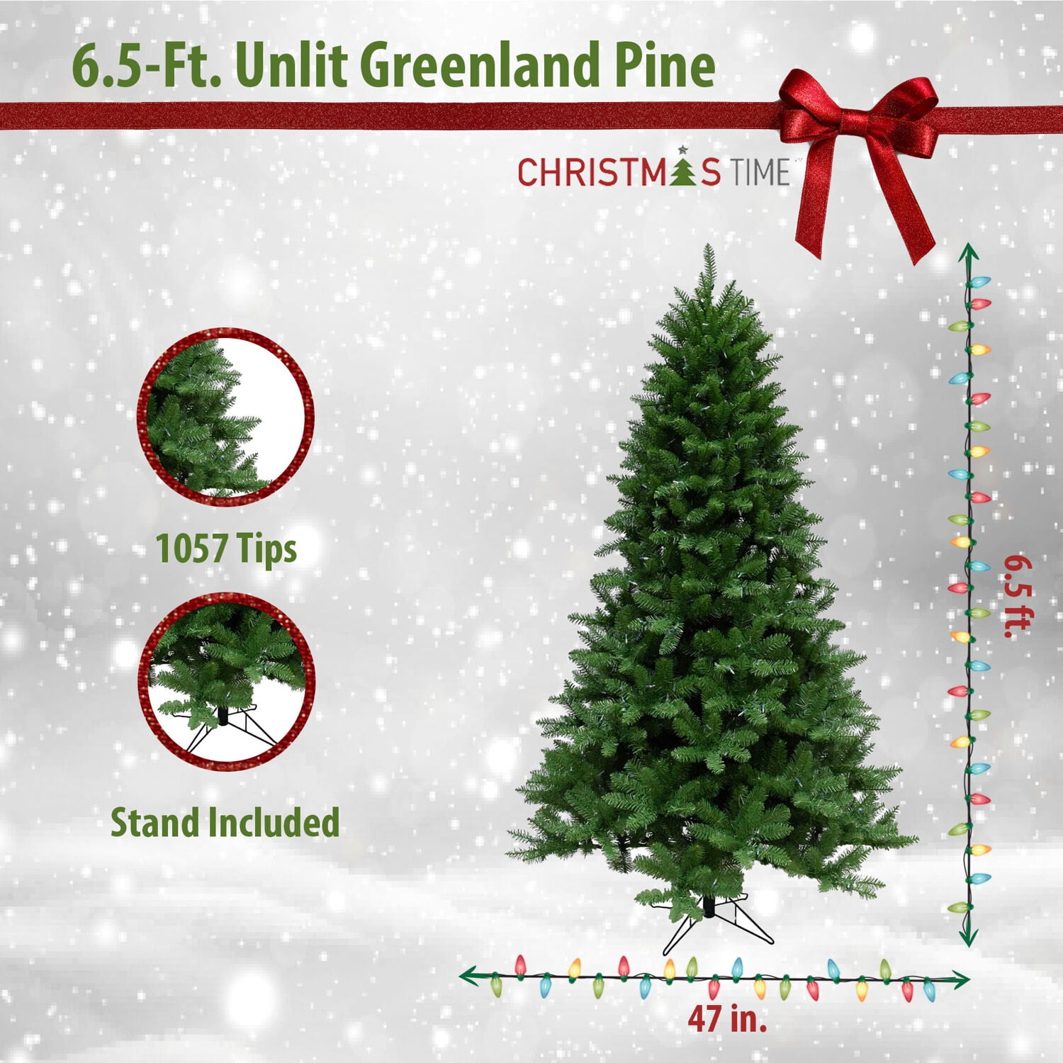Christmas Time 6.5-Ft. Greenland Pine Artificial Christmas Tree, Unlit | Realistic High Quality PVC | Festive Holiday Decor for Home and Office | Flame Retardant
