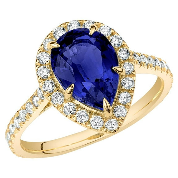 PEORA 14K Yellow Gold Created Blue Sapphire and Lab Grown Diamond Ring for Women, 3.75 Carats Total, 10x7mm Pear Shape, Size 9.5