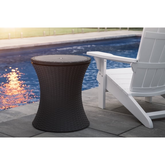 Keter Pacific 7.5 Gallon Cool Bar 2 in 1 Weather Resistant Side Table and Bar Durable Resin Outdoor Patio Beverage Cooler Table, Rattan Look Brown