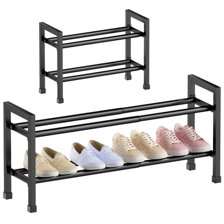2-Tier Expandable Shoe Rack Adjustable 17"-33" Metal Shoe Shelves for Closet Entryway Garage Free Standing Organizer Easy Assembly Black