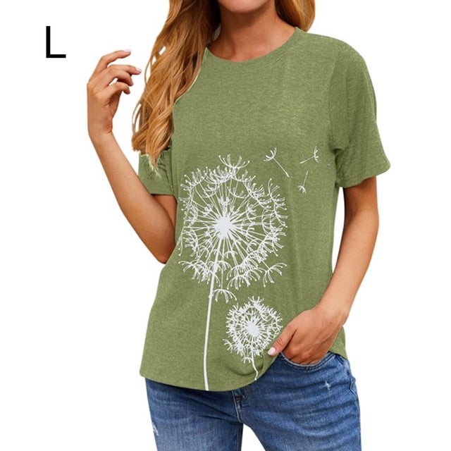 Camiseta Cuello Redondo Estampado Mujer Tops Poliéster Manga corta Tela de verano, Verde claro, L Kearding AP002414-18