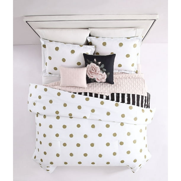 6 Piece Emma Gold White Blush With Quilted Throw Comforter Set - Gold Polka Dot Bedding Queen 6 Piece Emma Gold White Blush With Quilted Throw Comforter Set - Gold Polka Dot Bedding Queen