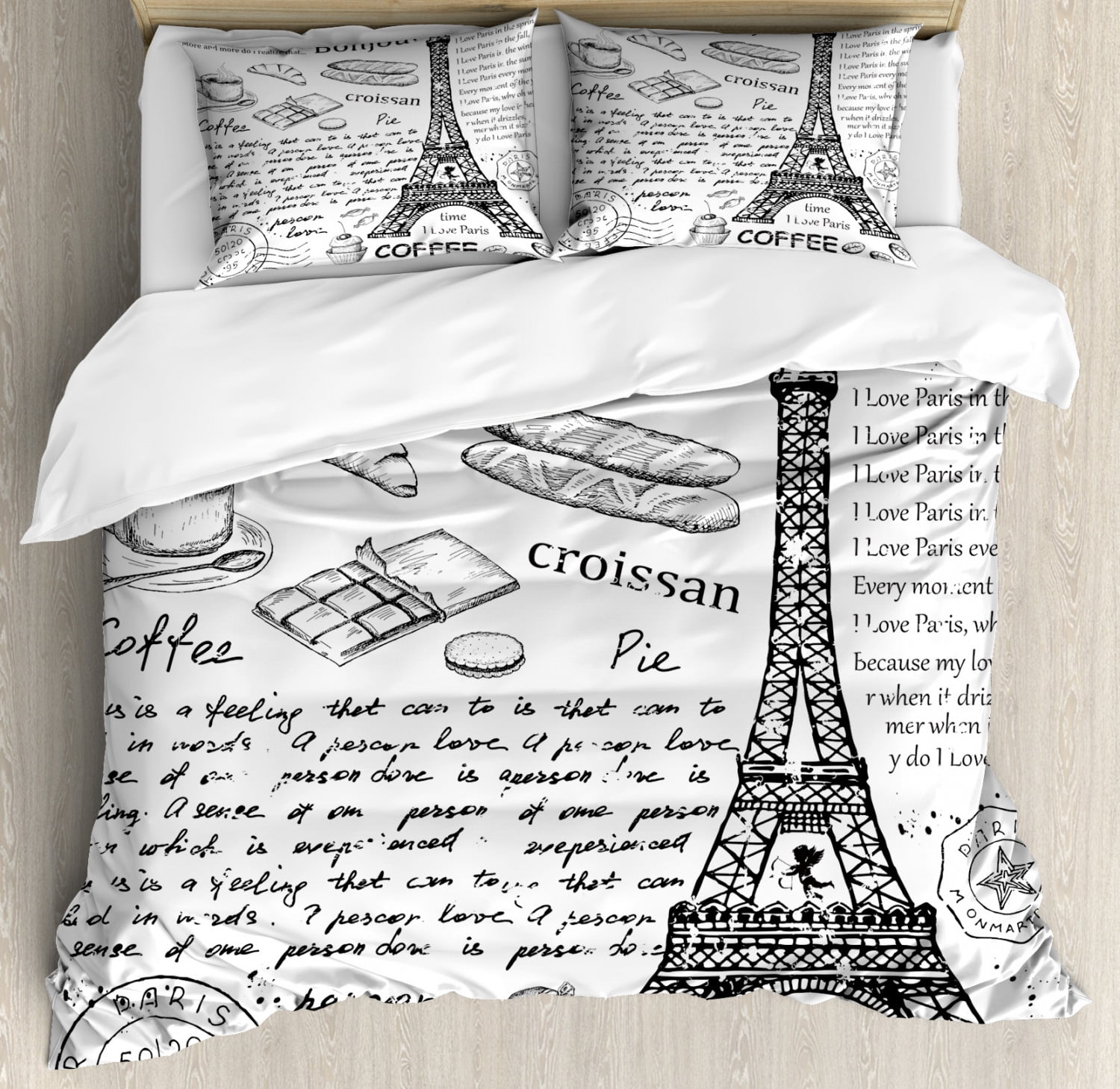 Paris Duvet Cover Set, Traditional Famous Parisian Elements Bonjour