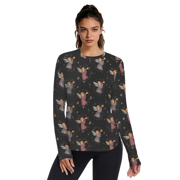 The Little Sprite Plays The Suona Women UPF 50  UV Shirts Long Sleeve with Thumb Holes Workout Sun Shirt Quick Dry Athletic Hiking Tops