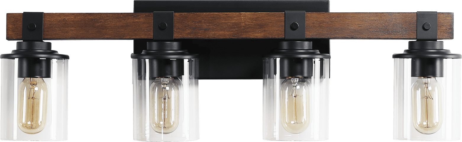 4 Lights 27.2inch Bathroom Vanity Light Fixtures , Wooden Farmhouse Vanity Lights Rustic Bathroom Lights Over Mirror with Clear Glass Shade Black Industrial Wall Sconce