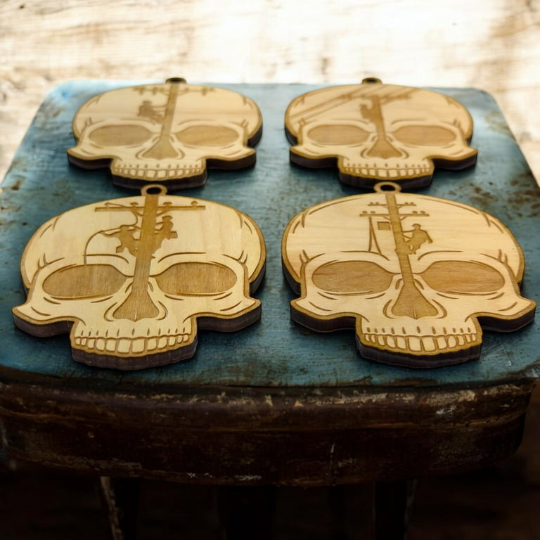 Ornament - Lineman Skulls - Set of 4 - Raw Wood 3x3in Ornament - Lineman Skulls - Set of 4 - Raw Wood 3x3in