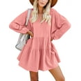 thumbnail image 3 of FANCYINN Long Sleeve Shift Tunic Dress Ruffle Swing Babydoll Juniors Mini Pink Ruffle Dress with Pockets Pink XS, 3 of 5