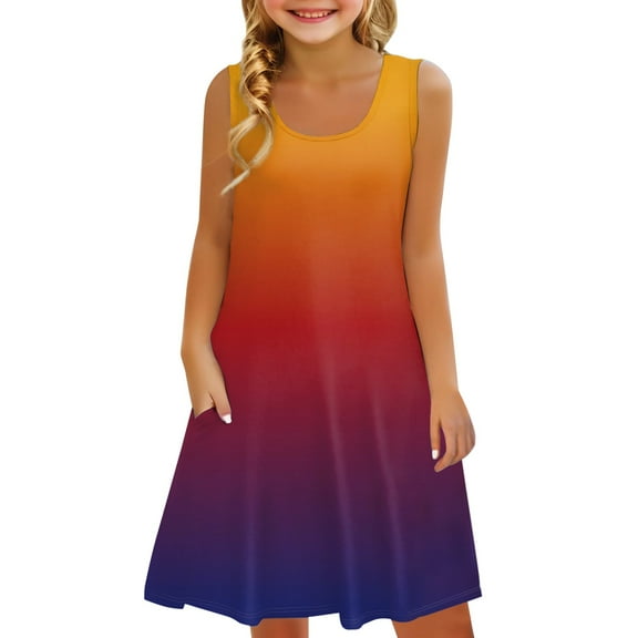 XXWXYD Girls Summer Beach Dress Casual Sleeveless Gradient Tank Sundress U Neck Loose Outfits Pockets 2025 Vacation Apparel 𝖥lowy Dresses Sundress