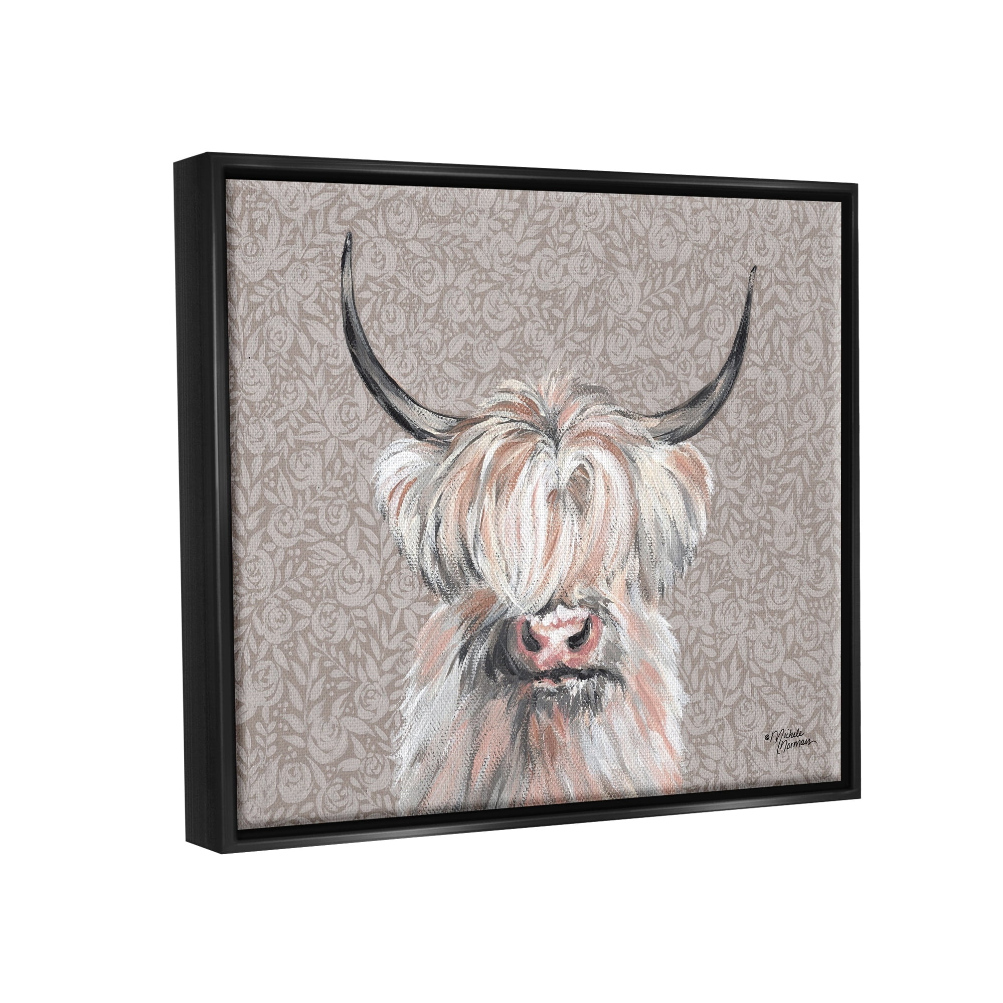 Stupell Industries Grumpy White Buffalo on Floral Print Farm Animal Luster Gray Framed Floating Canvas Wall Art, 16x20, by Michele Norman