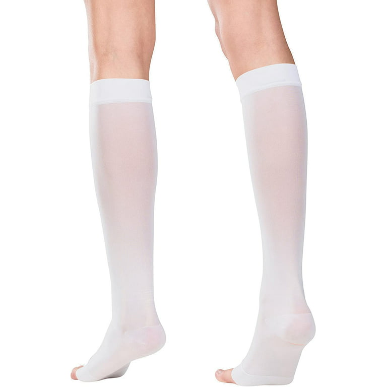 Compression Stockings, 15-20 mmHg, Women's Knee High Length, Open Toe, 20  Denier, White, Medium