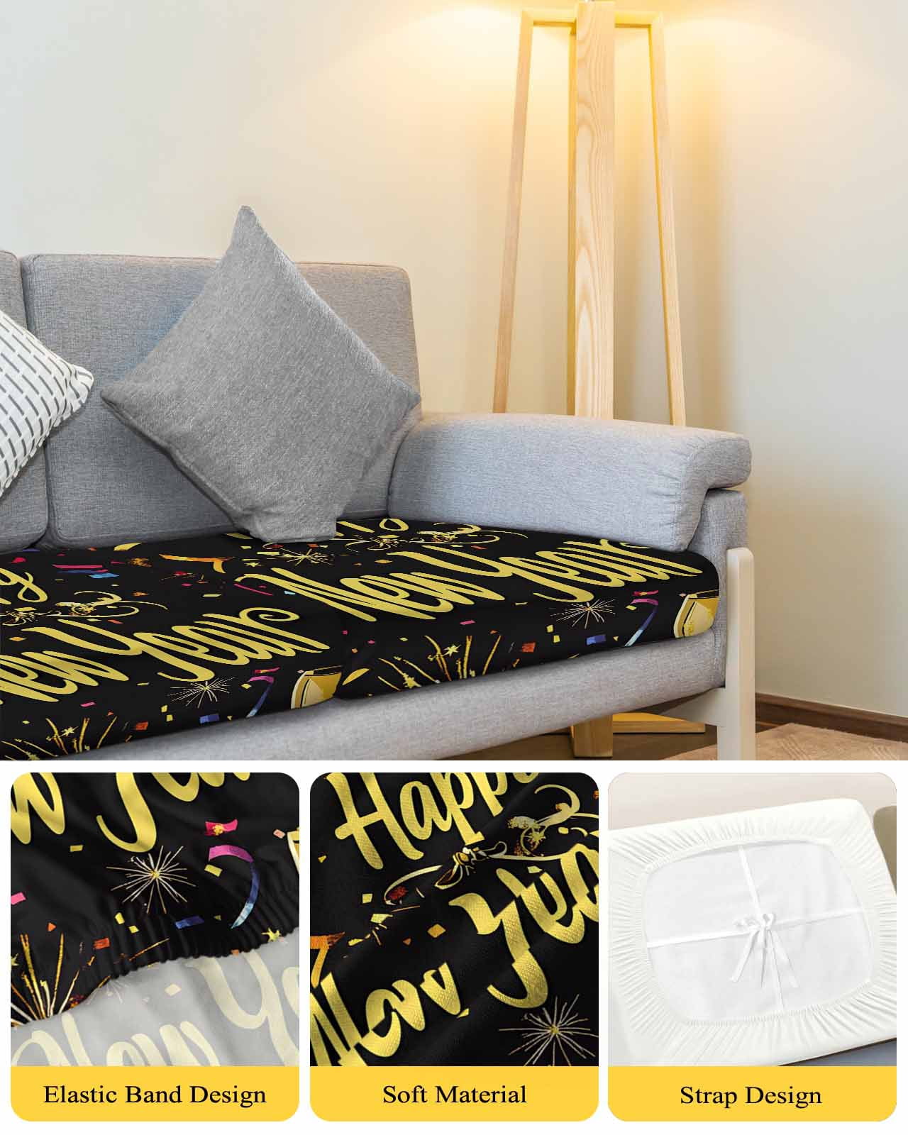 Happy New Year Couch Cushion Covers, Stretch Seat Cushion Covers for Sectional Sofa, Colorful Modern Abstract Art Individual Sofa&nbsp;Slipcovers Furniture Protector with Elastic&Straps Small 1Pcs