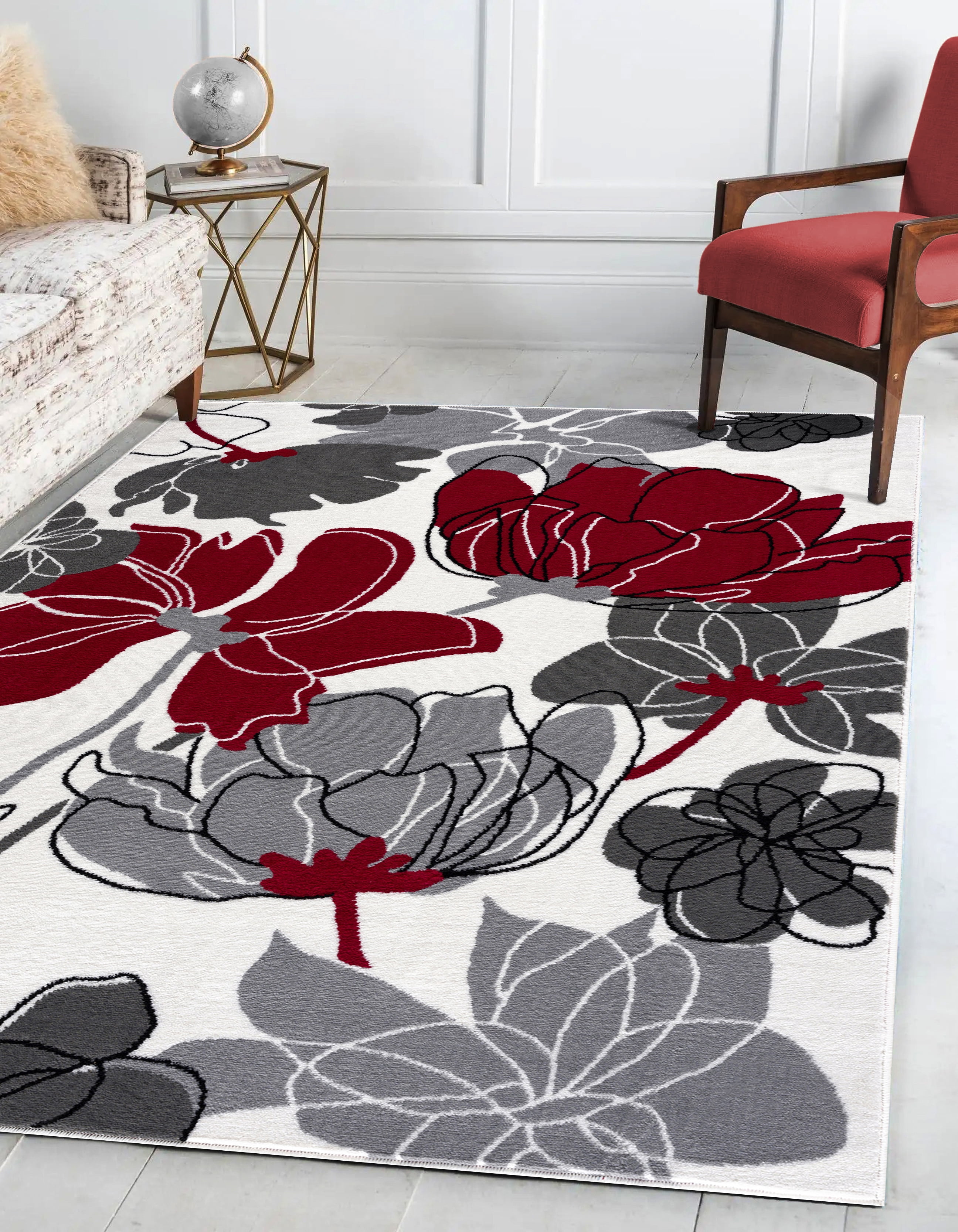 Beverly Rug Modern Floral Indoor Area Rug, Contemporary Rug, Farmhouse Rug, Easy Cleaning Flower