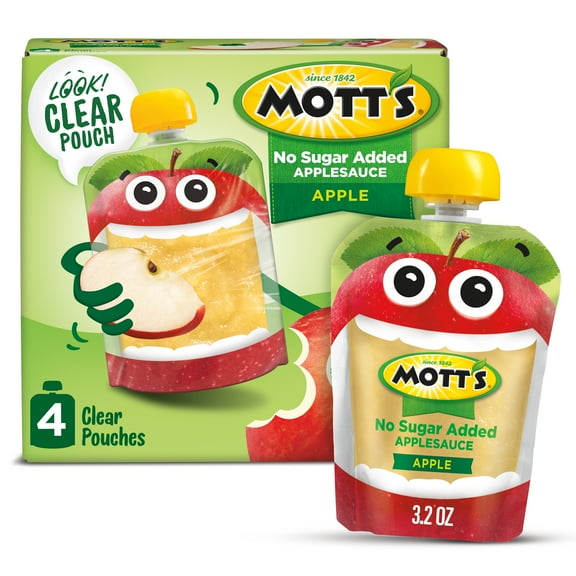 Mott's No Sugar Added Applesauce, 3.2 oz Clear Pouches, 4 count