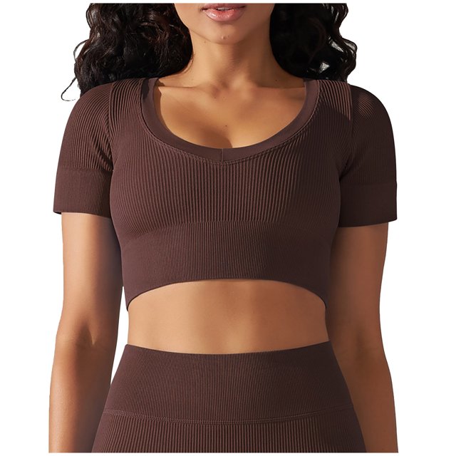 Besolor Womens Short Sleeve Cropped Workout Tops Round Neck Ribbed Knit Athletic Yoga Running Slim Fitted Gym Shirts