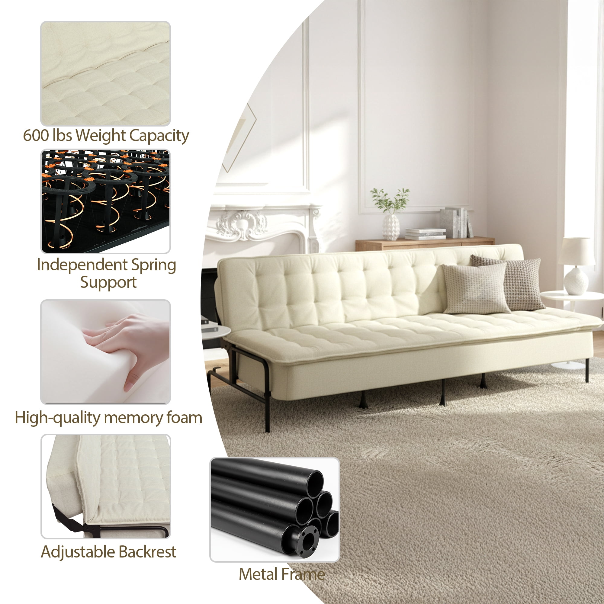 Homy Casa 3-Seat Armless Sofa Bed with Independent Spring Seat & Adjustable Backrest, 600 lbs Capacity