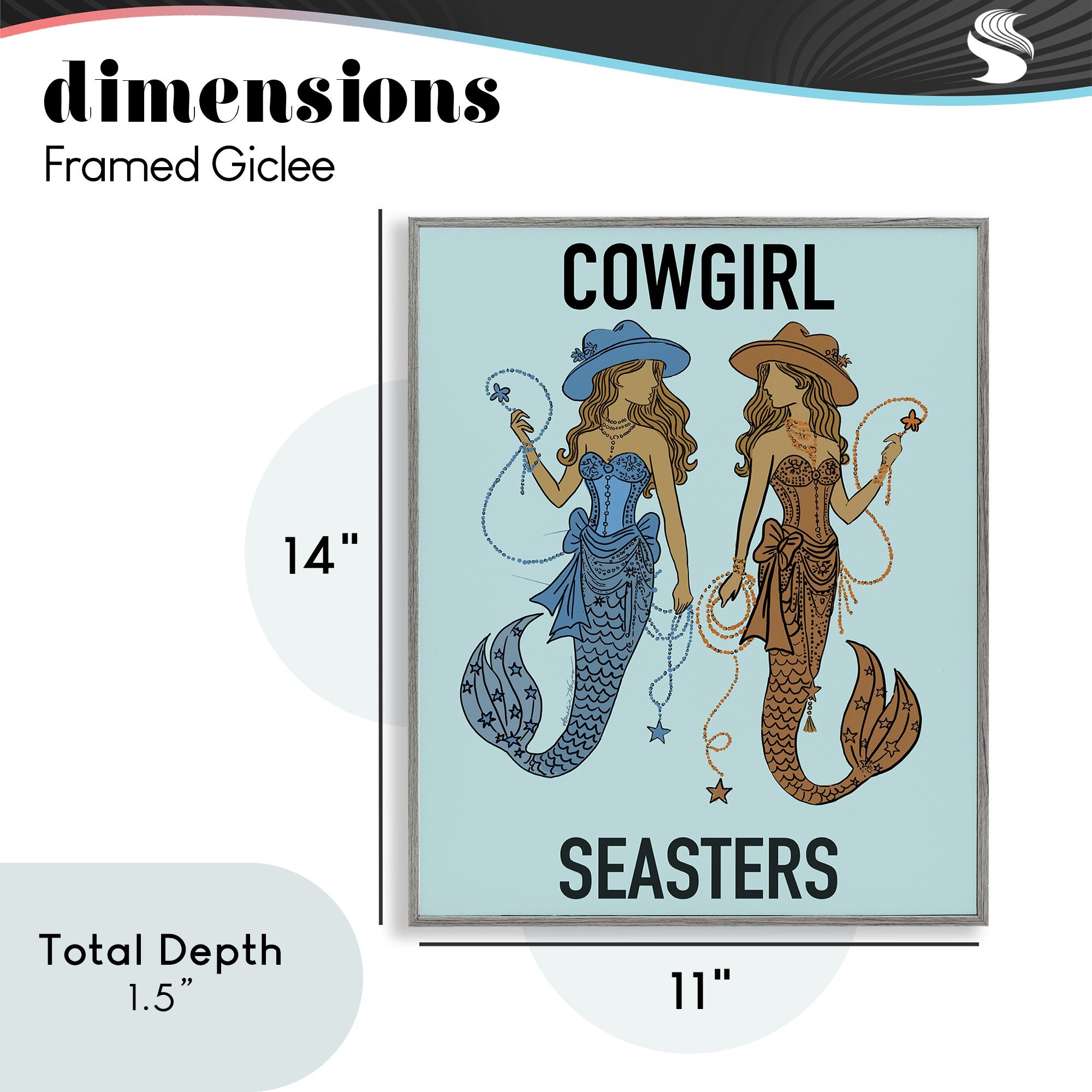 Cowgirl Seasters Mermaid Friendship Gray Framed Giclee Art, design by Amelia Noyes