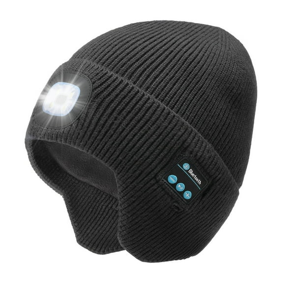 CENSGO Fleece Lined Bluetooth Beanies for Men, Stocking Gift for Him Dad Mens Headlamp with Wireless Headphones and Earflaps, Cool Gadgets for Cold Outdoor (Black)