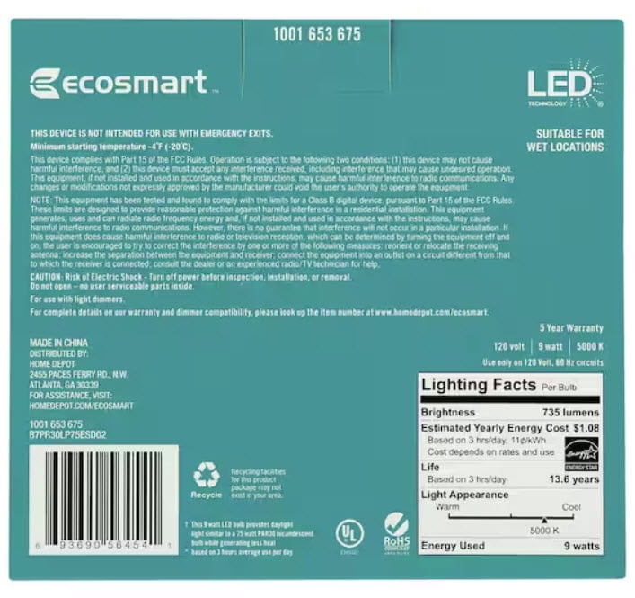 EcoSmart 75w  PAR30 Daylight Dimmable Flood Energy Star LED Light Bulb
